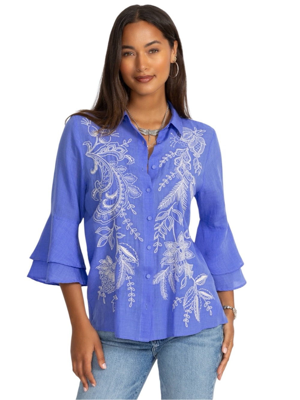 Johnny Was 3/4 Flounce Sleeve Embroidered Ramie Blouse Baja Blue XL NWOT